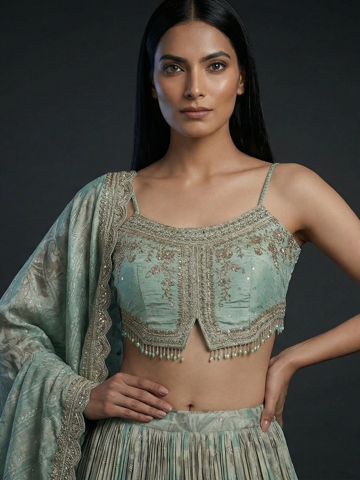 Pista green silk floral zardosi designer lehenga choli