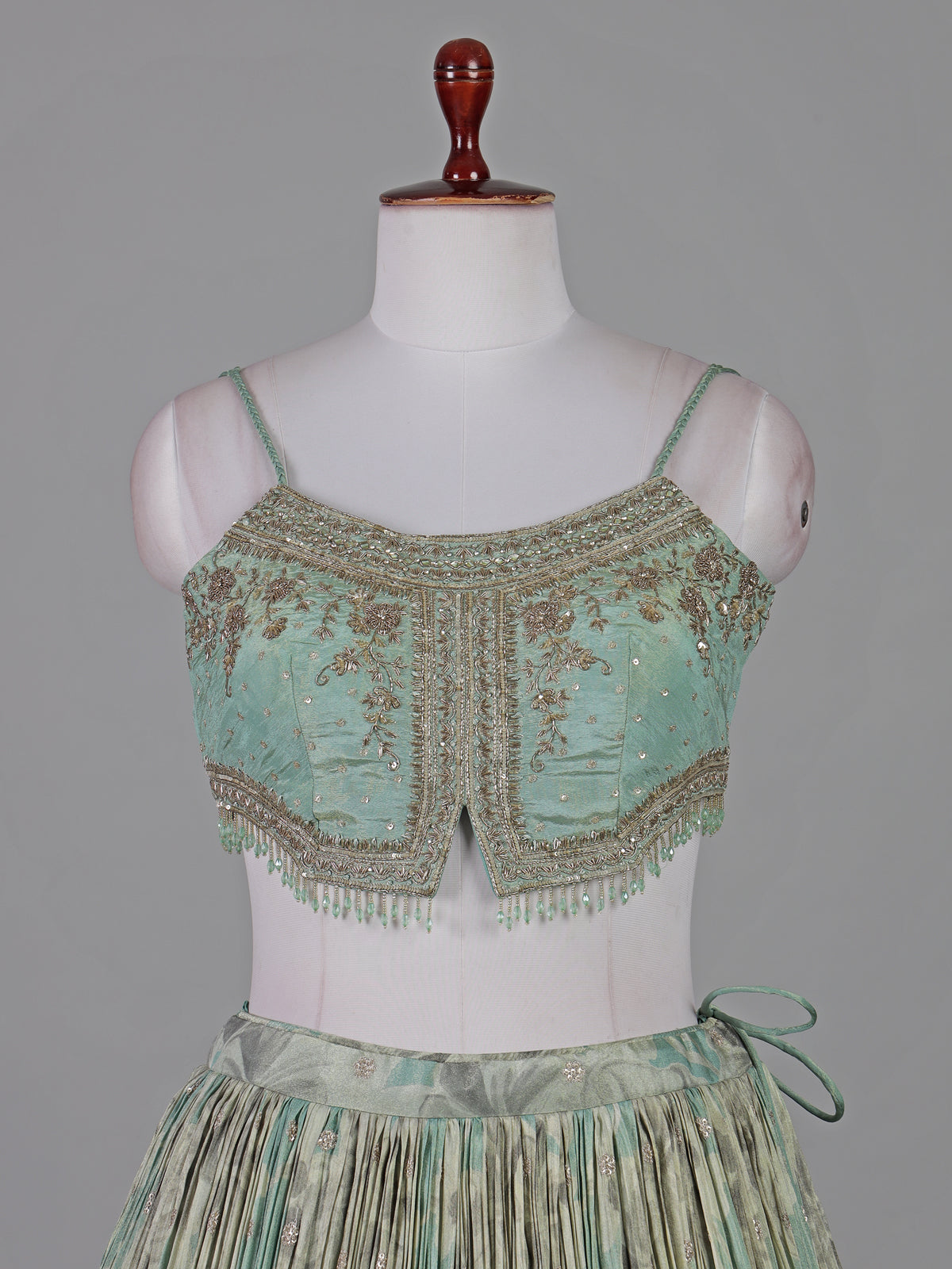 Pista green silk floral zardosi designer lehenga choli