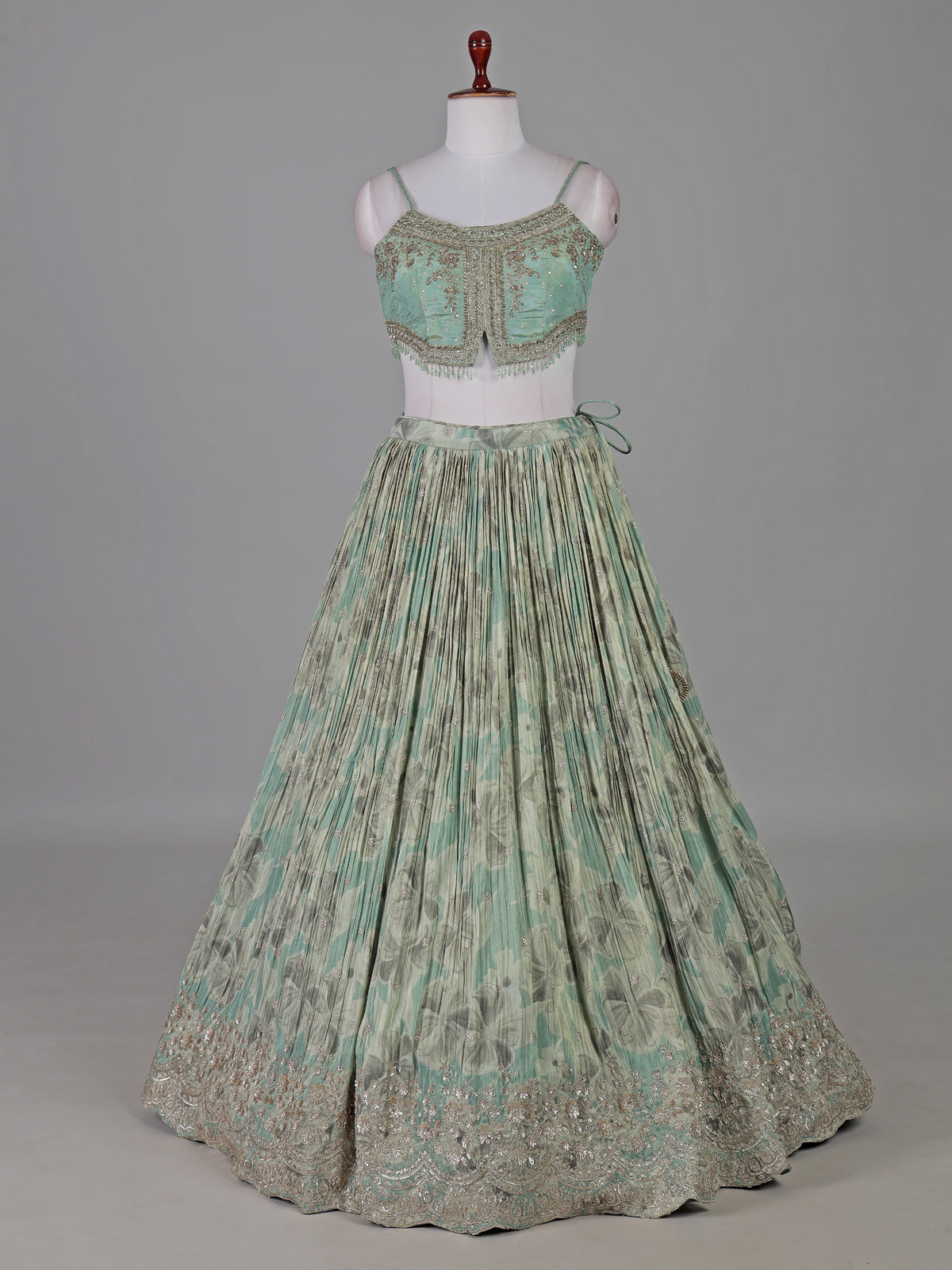 Pista green silk floral zardosi designer lehenga choli