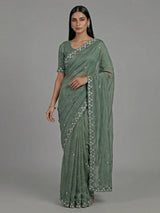 Mehendi green chiffon zardosi embellished festive saree