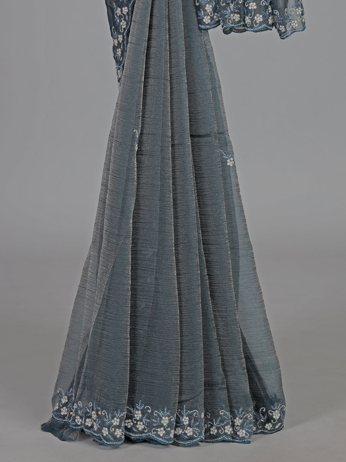 Grey chiffon zardosi work party wear saree elegance