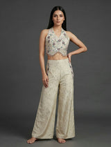 Cream cotton silk embellished halter neck palazzo suit