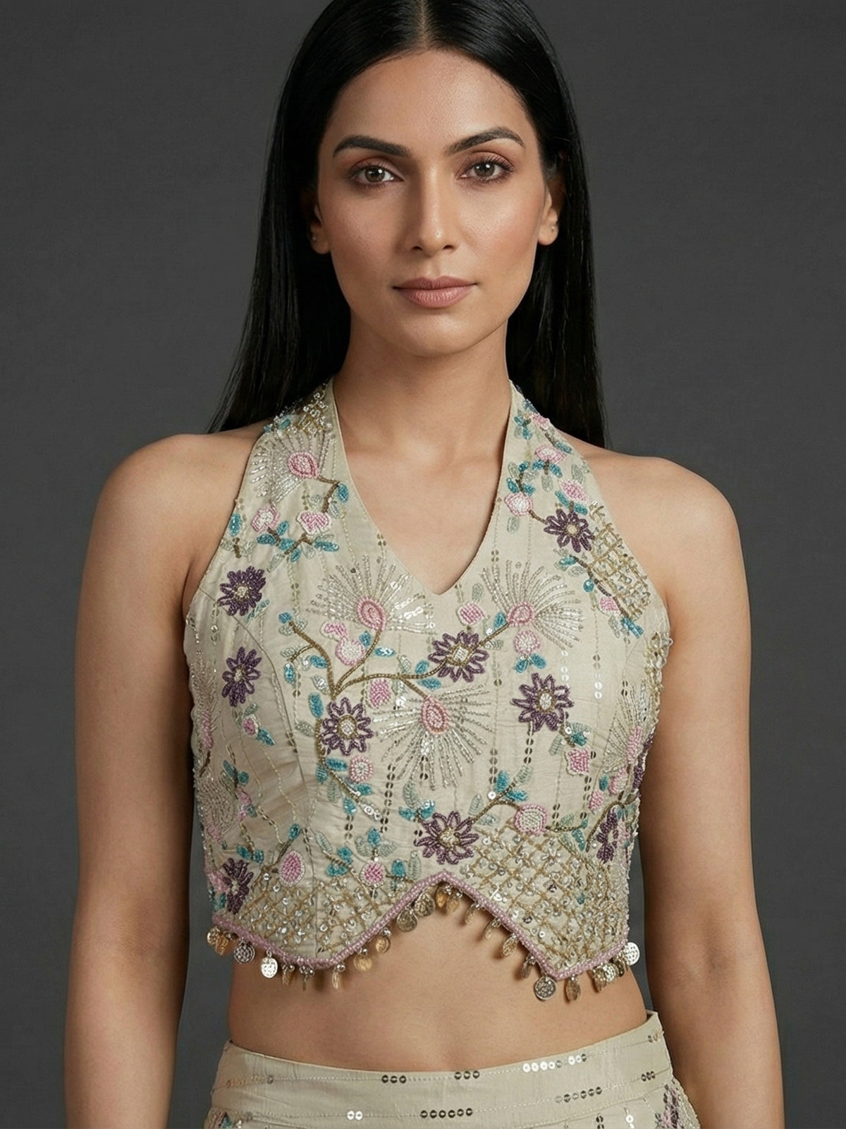 Cream cotton silk embellished halter neck palazzo suit