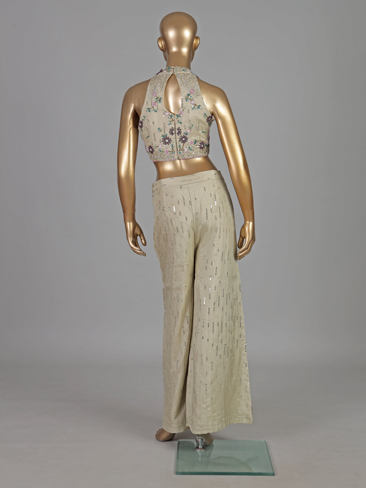 Cream cotton silk embellished halter neck palazzo suit