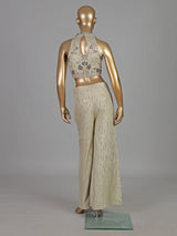 Cream cotton silk embellished halter neck palazzo suit