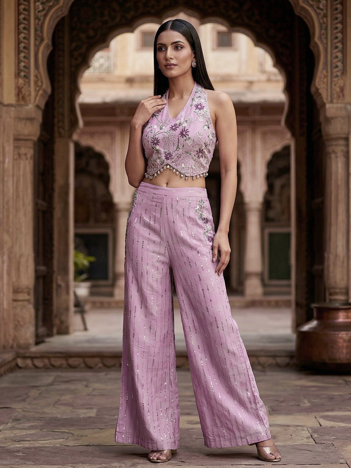 Lavender purple cotton silk designer palazzo suit