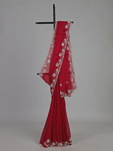 Red chiffon pearl embellished festive designer saree