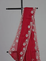 Red chiffon pearl embellished festive designer saree