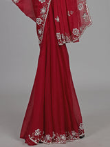 Red chiffon pearl embellished festive designer saree