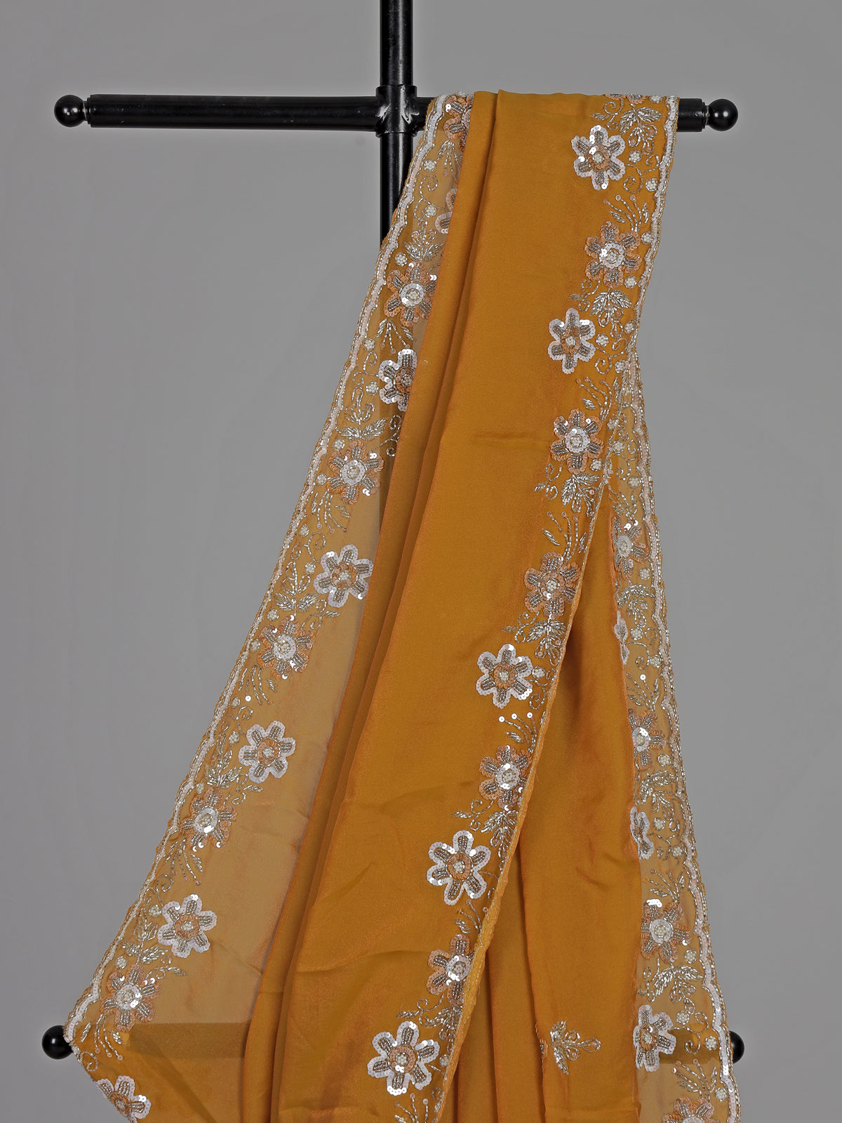Mustard yellow chiffon haldi festive embellished saree elegance