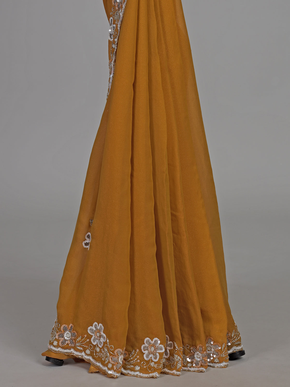 Mustard yellow chiffon haldi festive embellished saree elegance