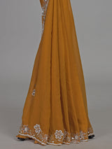 Mustard yellow chiffon haldi festive embellished saree elegance