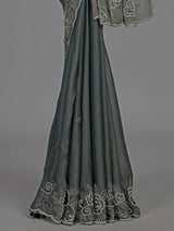 Dark grey tissue silk embellished party wear saree