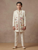 Cream terry rayon embroidered long jacket indowestern