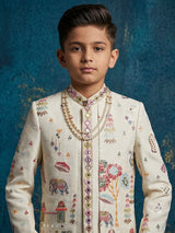 Cream terry rayon embroidered long jacket indowestern