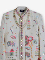 Cream terry rayon embroidered long jacket indowestern