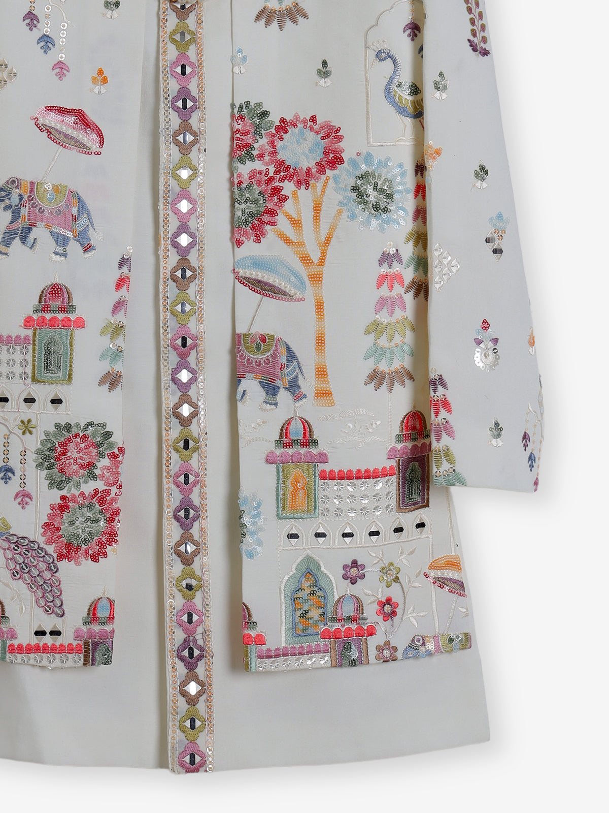 Cream terry rayon embroidered long jacket indowestern