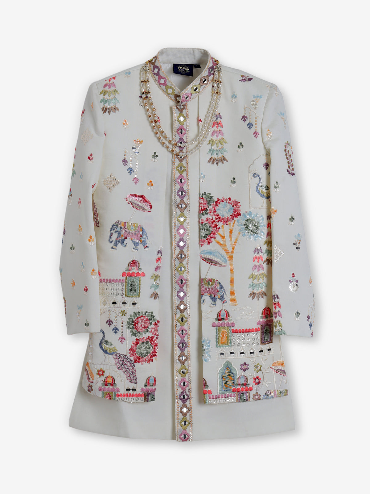 Cream terry rayon embroidered long jacket indowestern