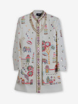 Cream terry rayon embroidered long jacket indowestern