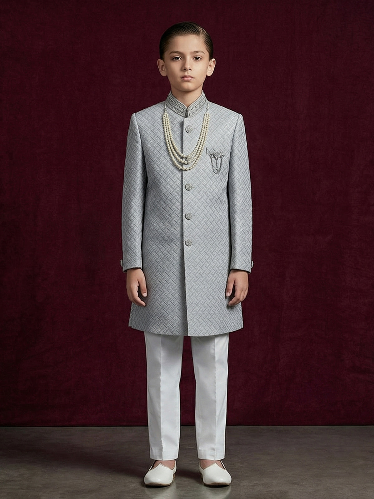 Grey silk embroidered texture festive boys indowestern