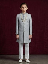 Grey silk embroidered texture festive boys indowestern