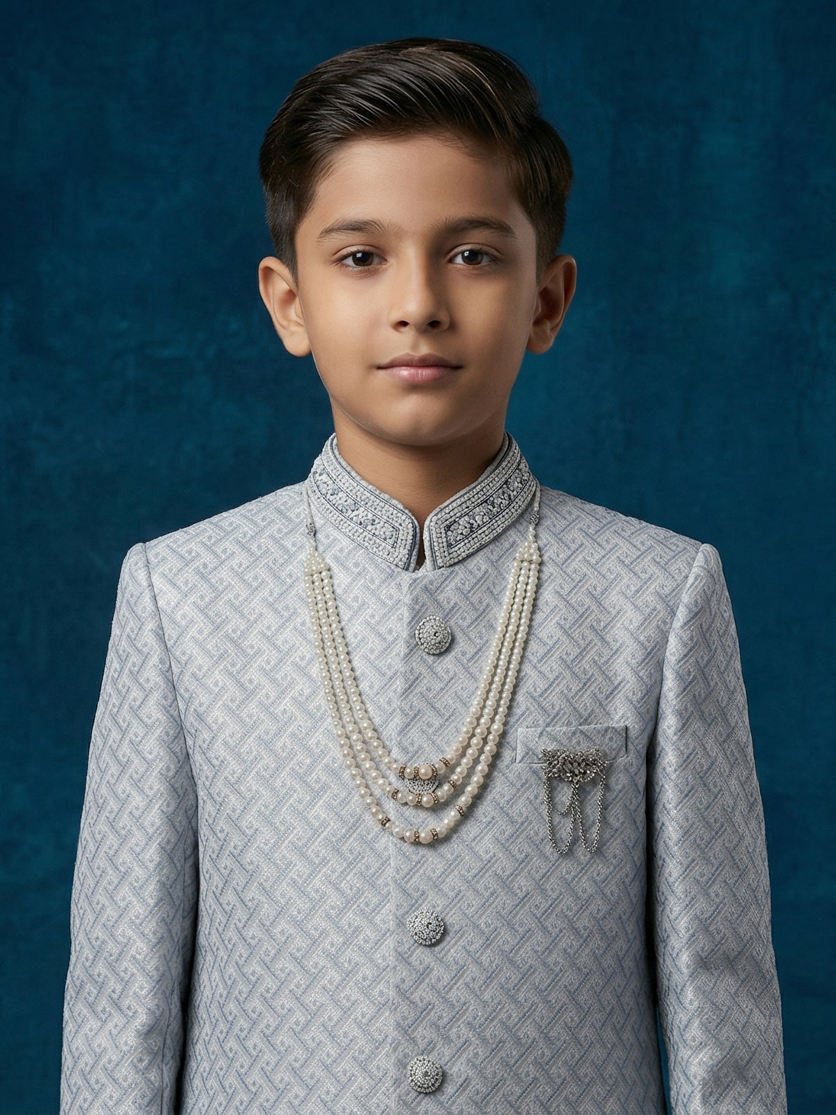 Grey silk embroidered texture festive boys indowestern