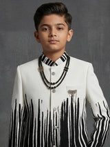 Black white printed brooch boys party wear indowestern