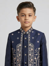 Navy blue silk embroidered festive wear indowestern