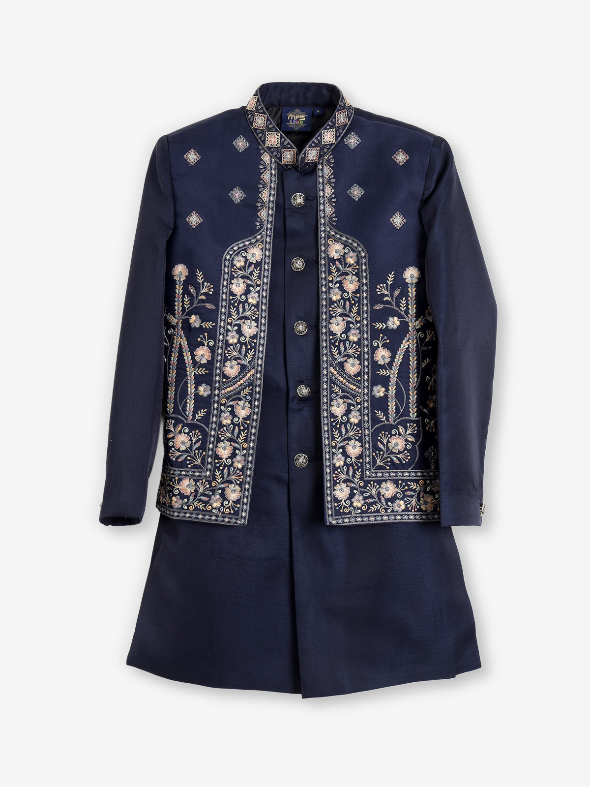 Navy blue silk embroidered festive wear indowestern