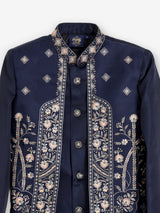 Navy blue silk embroidered festive wear indowestern