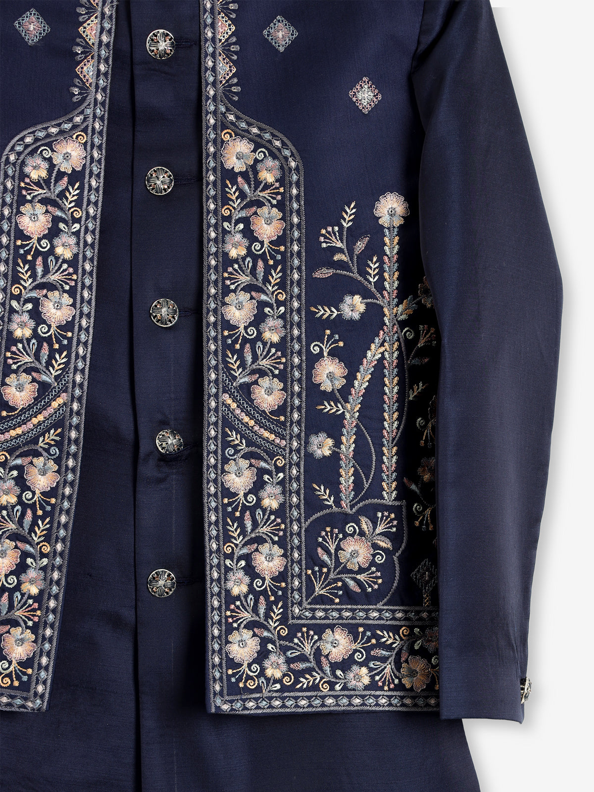 Navy blue silk embroidered festive wear indowestern