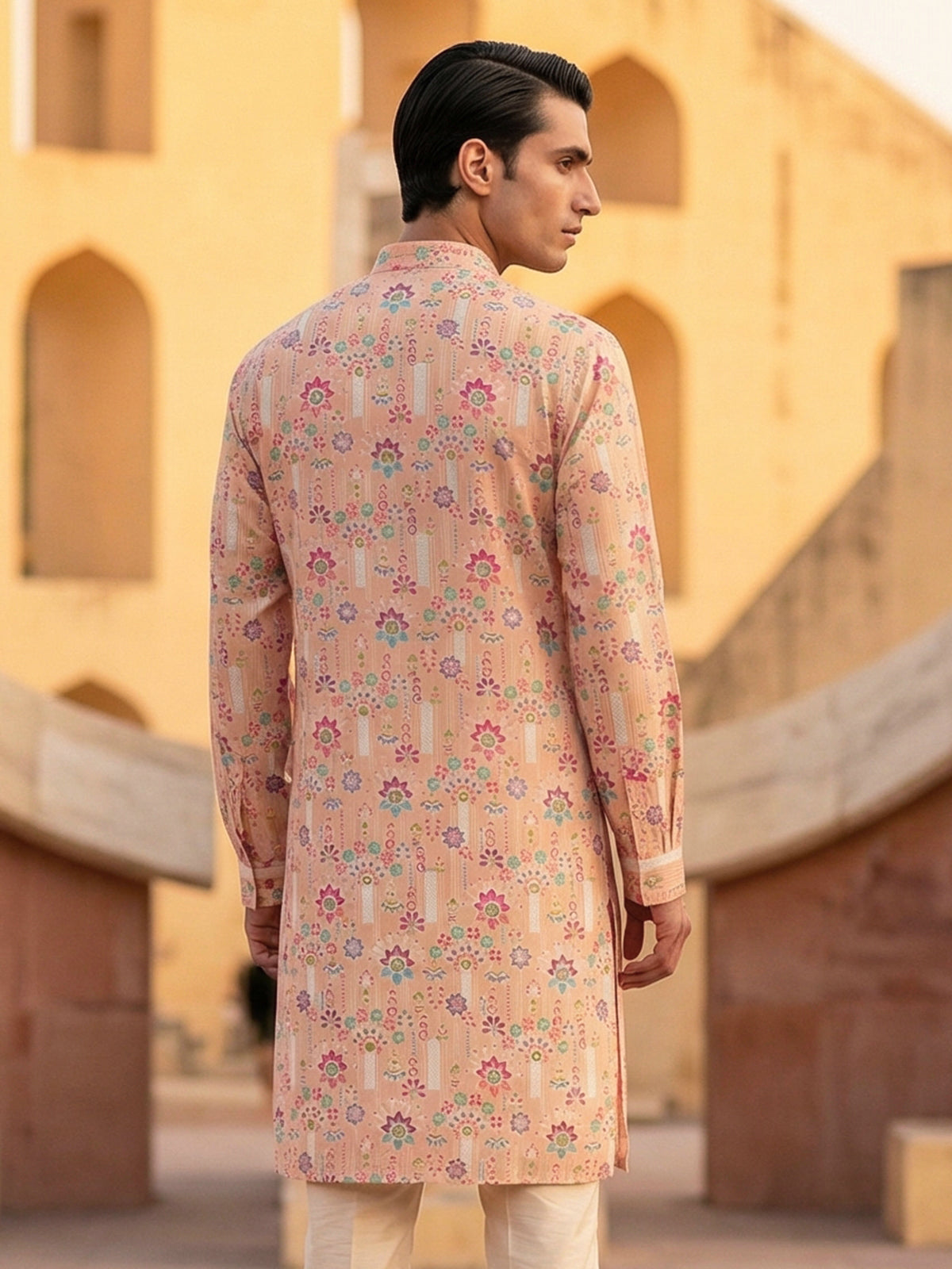 Light peach linen printed thread and sequins festive kurta