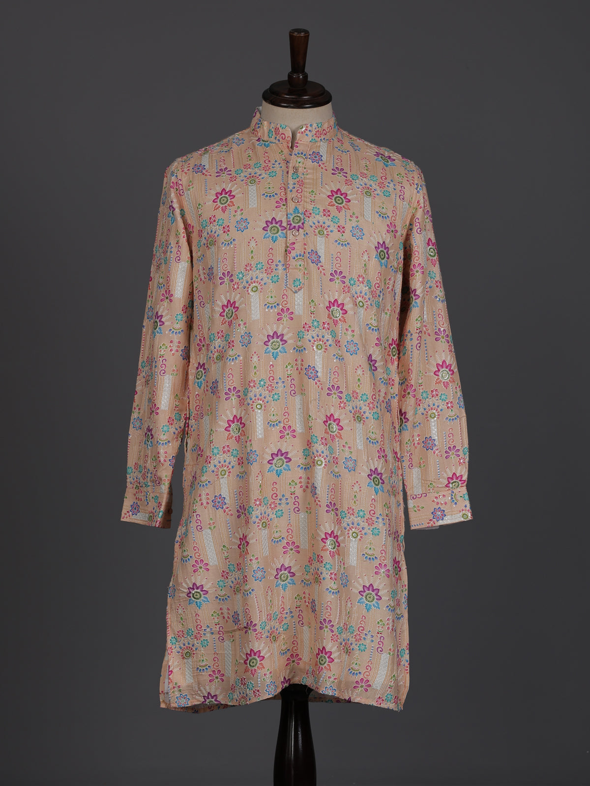 Light peach linen printed thread and sequins festive kurta