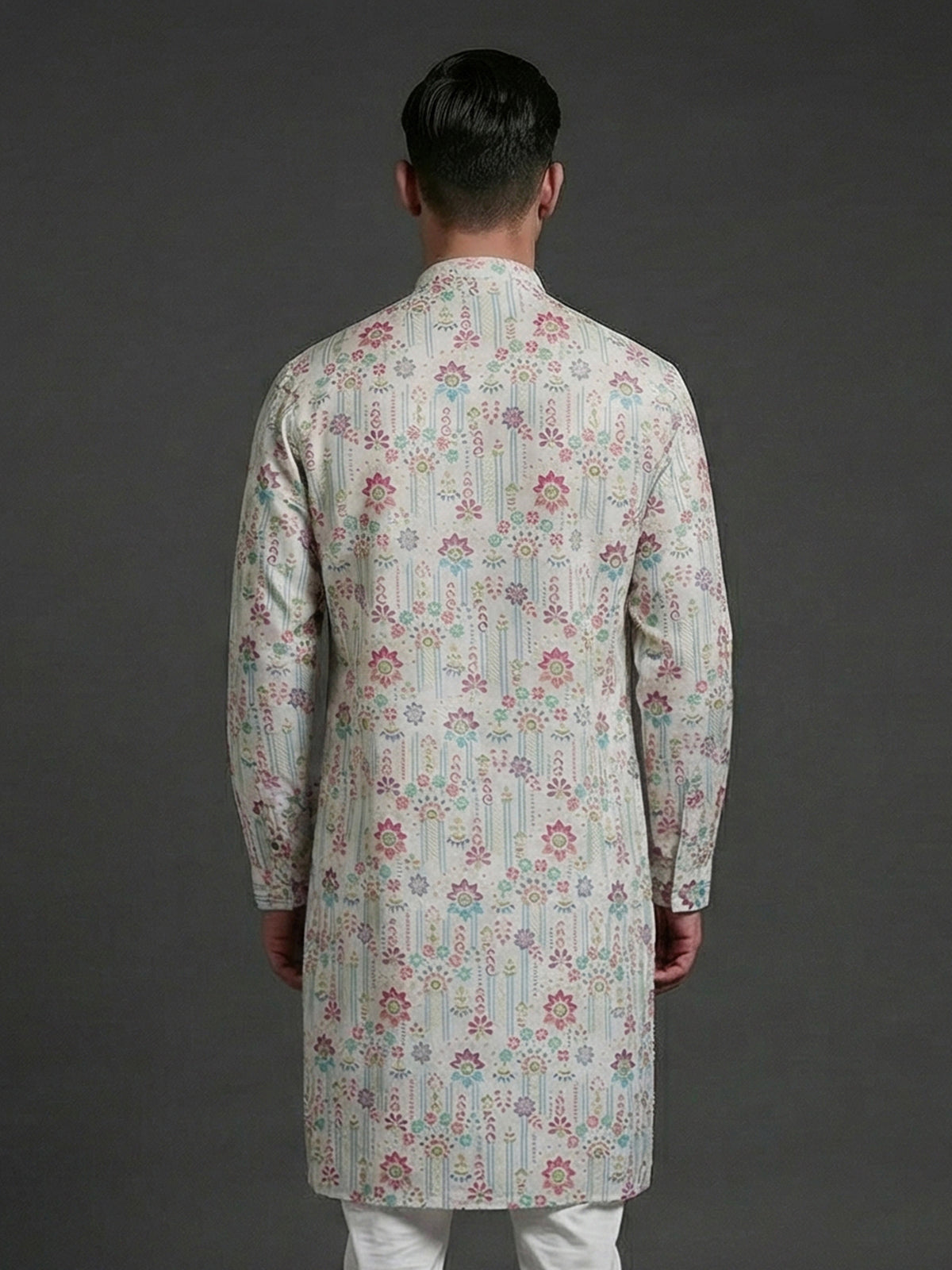 White linen printed thread sequins festive wear kurta