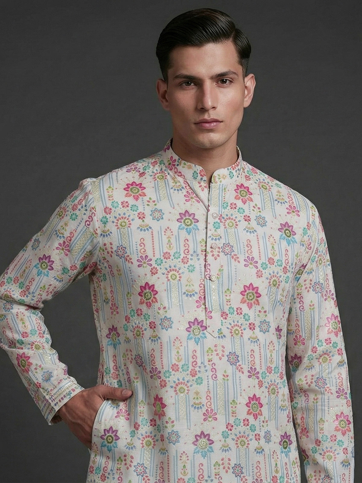 White linen printed thread sequins festive wear kurta