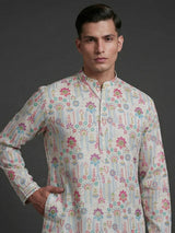White linen printed thread sequins festive wear kurta