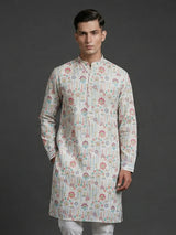 White linen printed thread sequins festive wear kurta