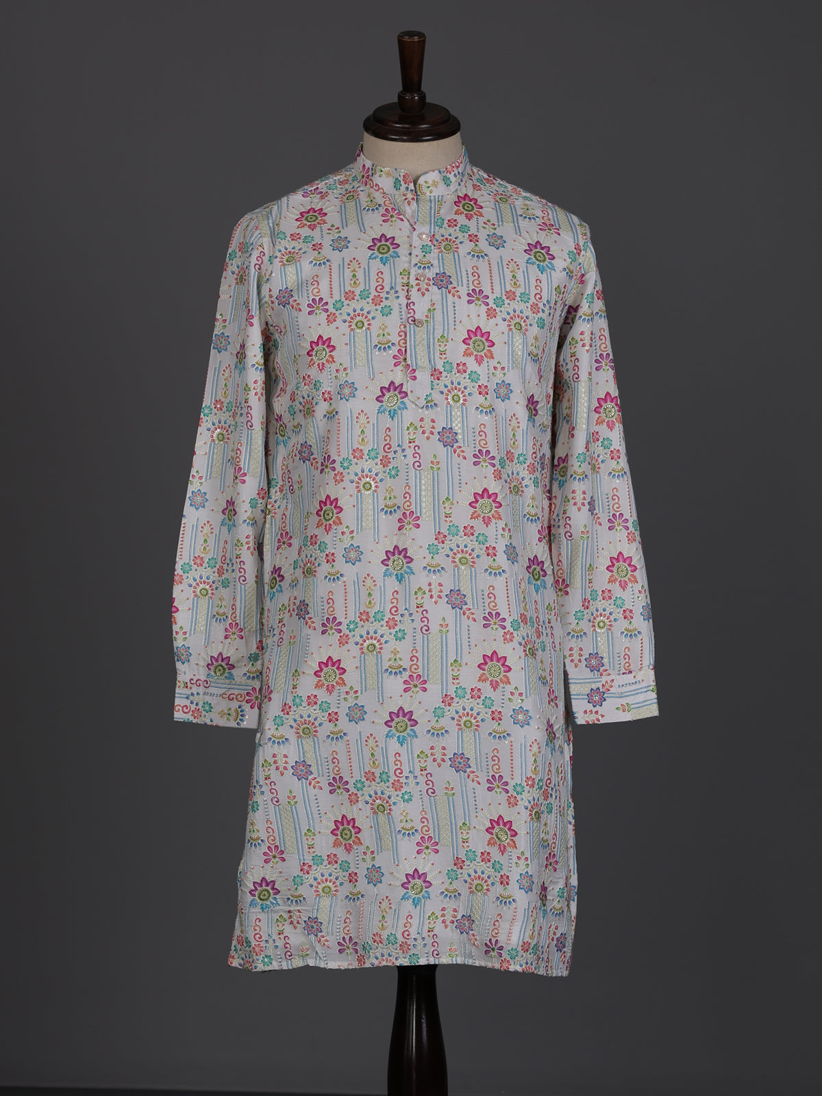 White linen printed thread sequins festive wear kurta