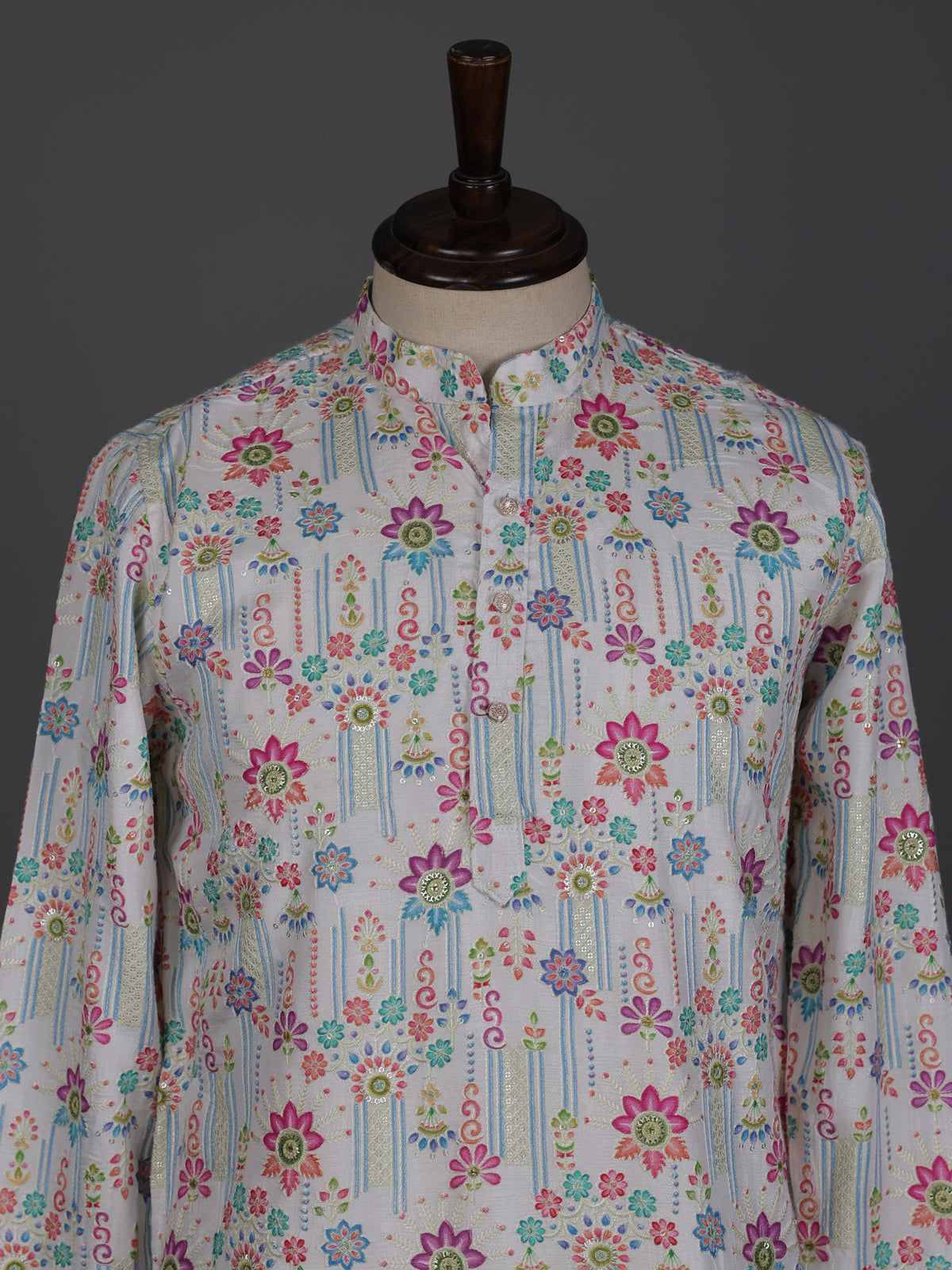 White linen printed thread sequins festive wear kurta