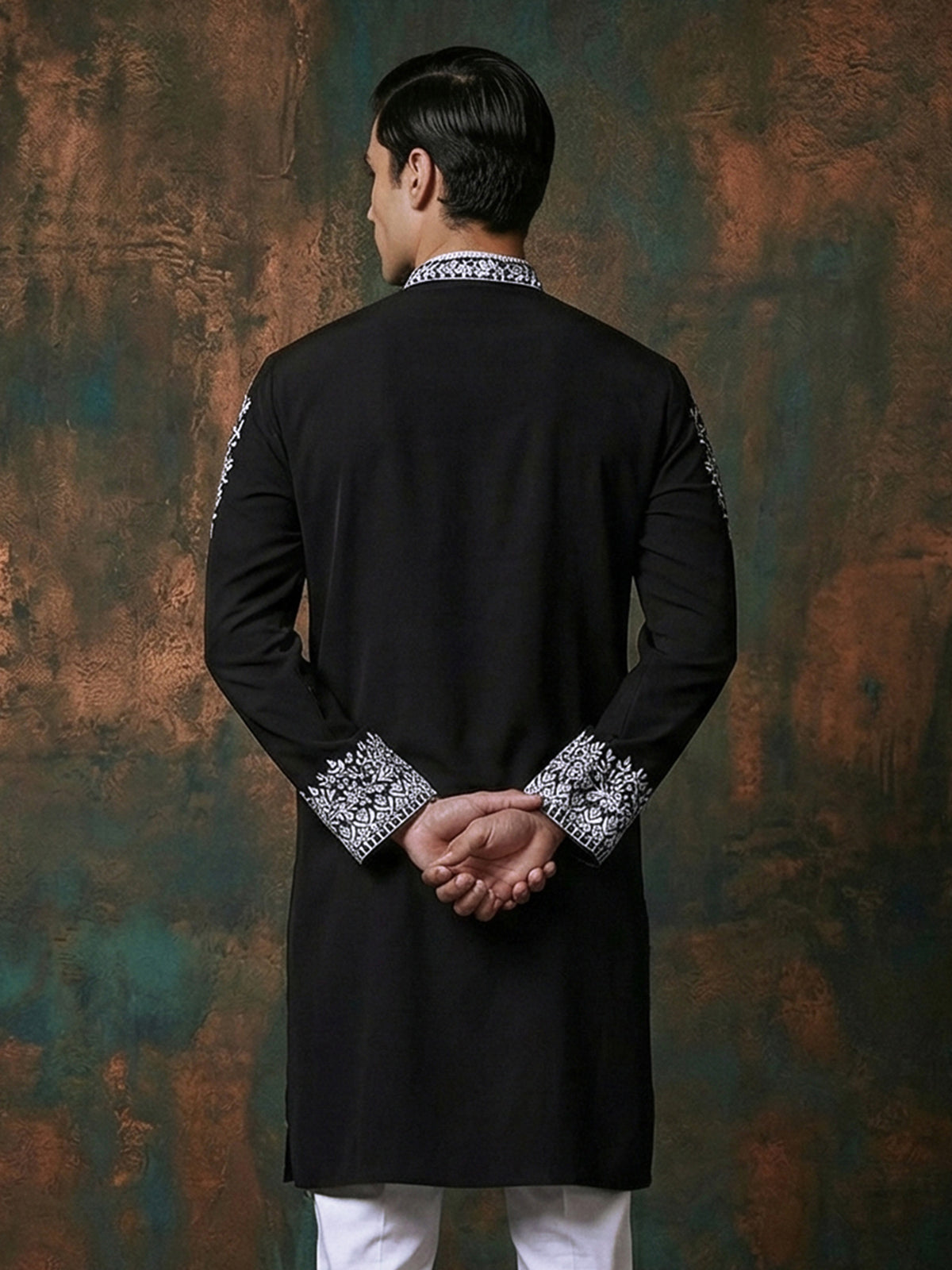 Black silk embroidered festive wear kurta