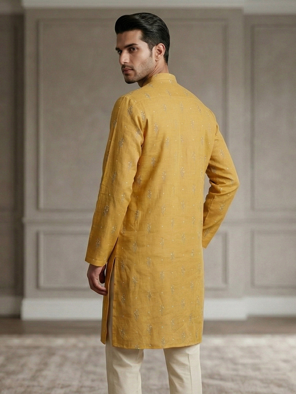 Mustard yellow cotton linen thread work festive kurta