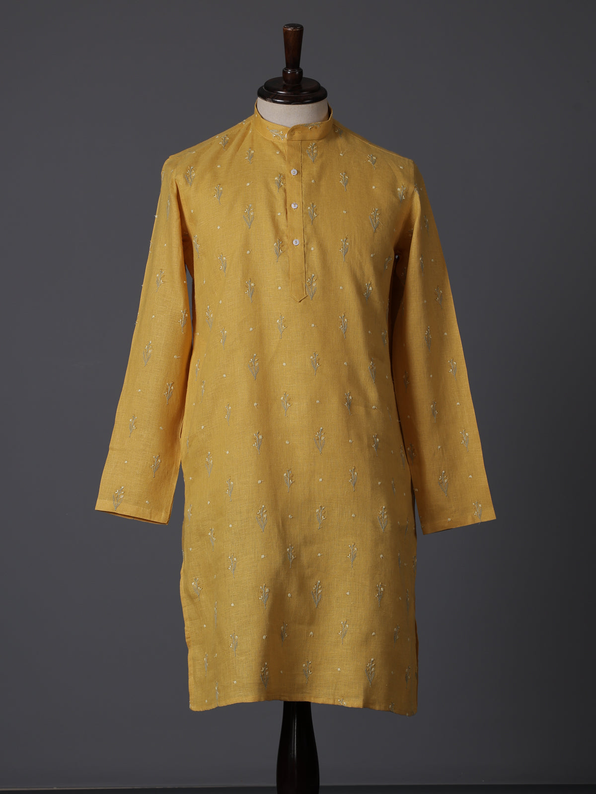 Mustard yellow cotton linen thread work festive kurta