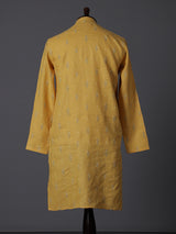 Mustard yellow cotton linen thread work festive kurta
