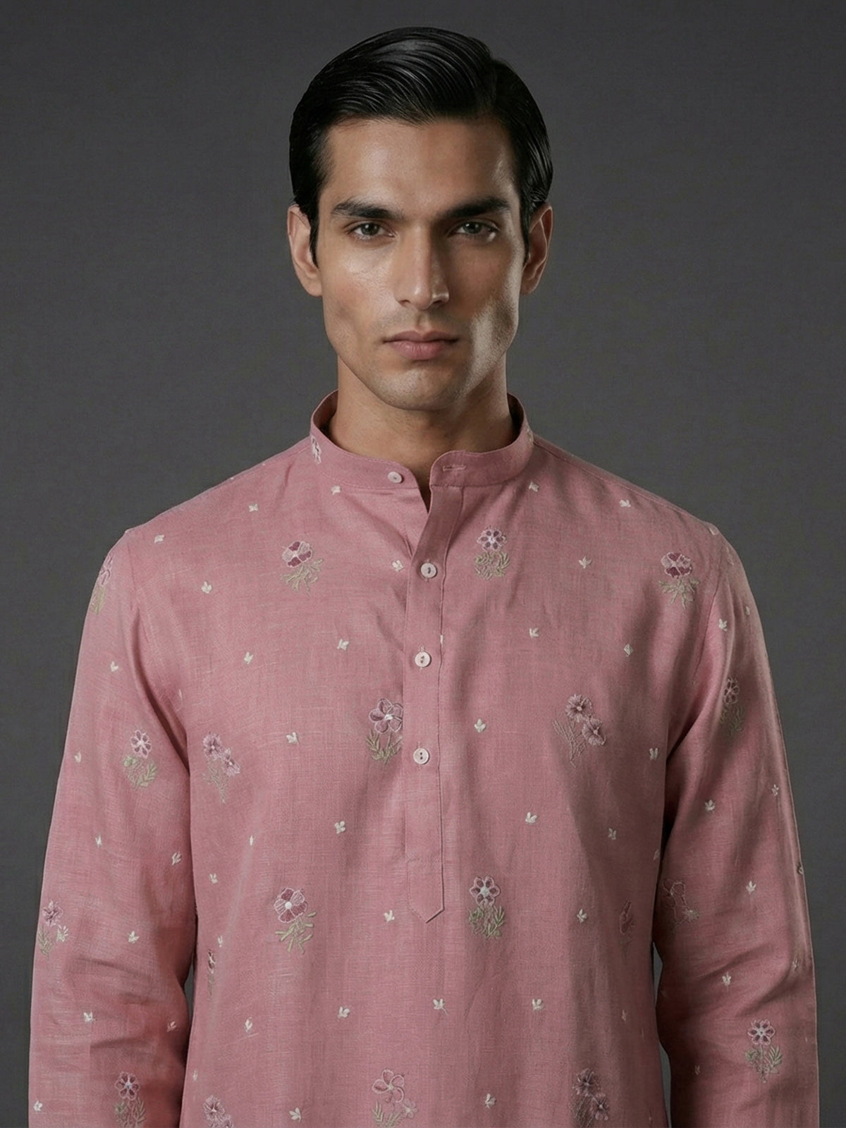 Light pink cotton linen thread work festive kurta