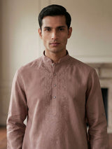 Onion pink linen embroidered short pathani festive kurta