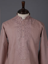 Onion pink linen embroidered short pathani festive kurta