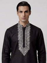 Black linen embroidered short pathani festive kurta