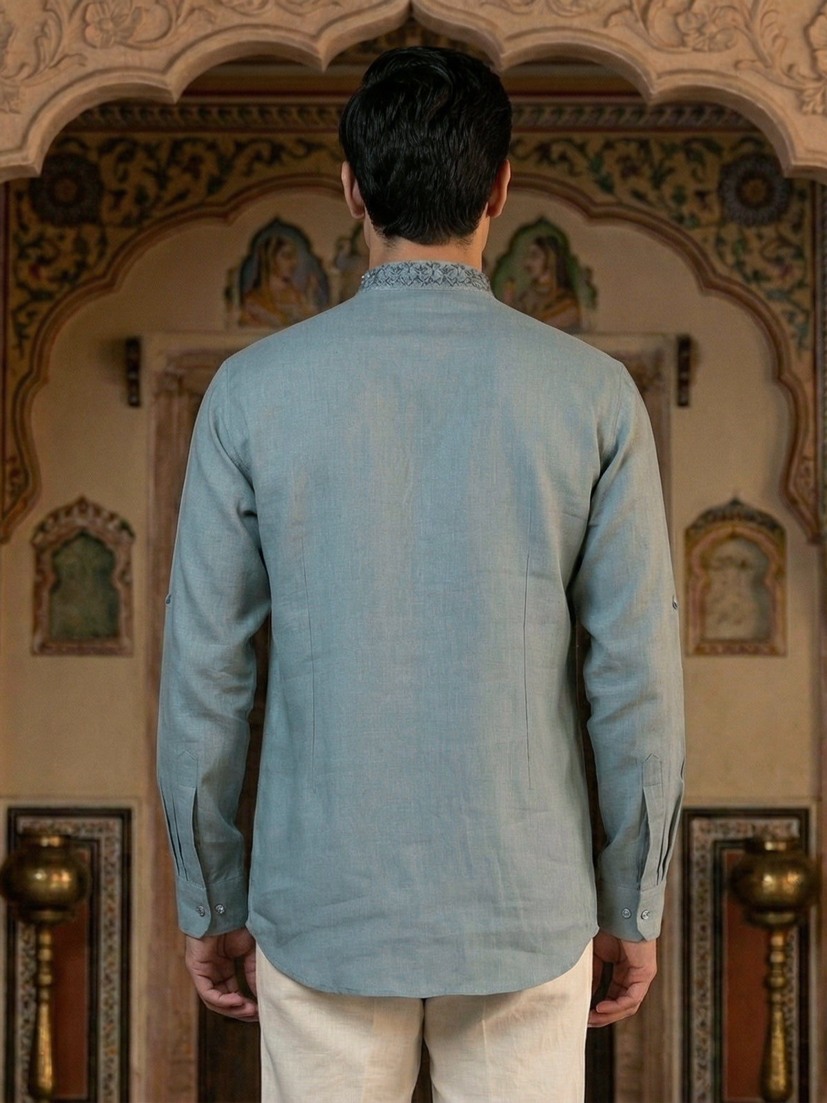 Light blue linen embroidered short pathani festive kurta