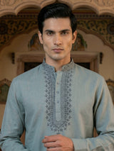 Light blue linen embroidered short pathani festive kurta