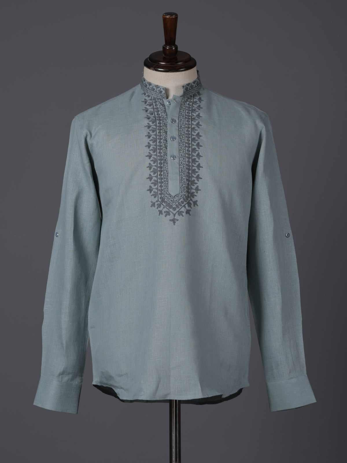 Light blue linen embroidered short pathani festive kurta